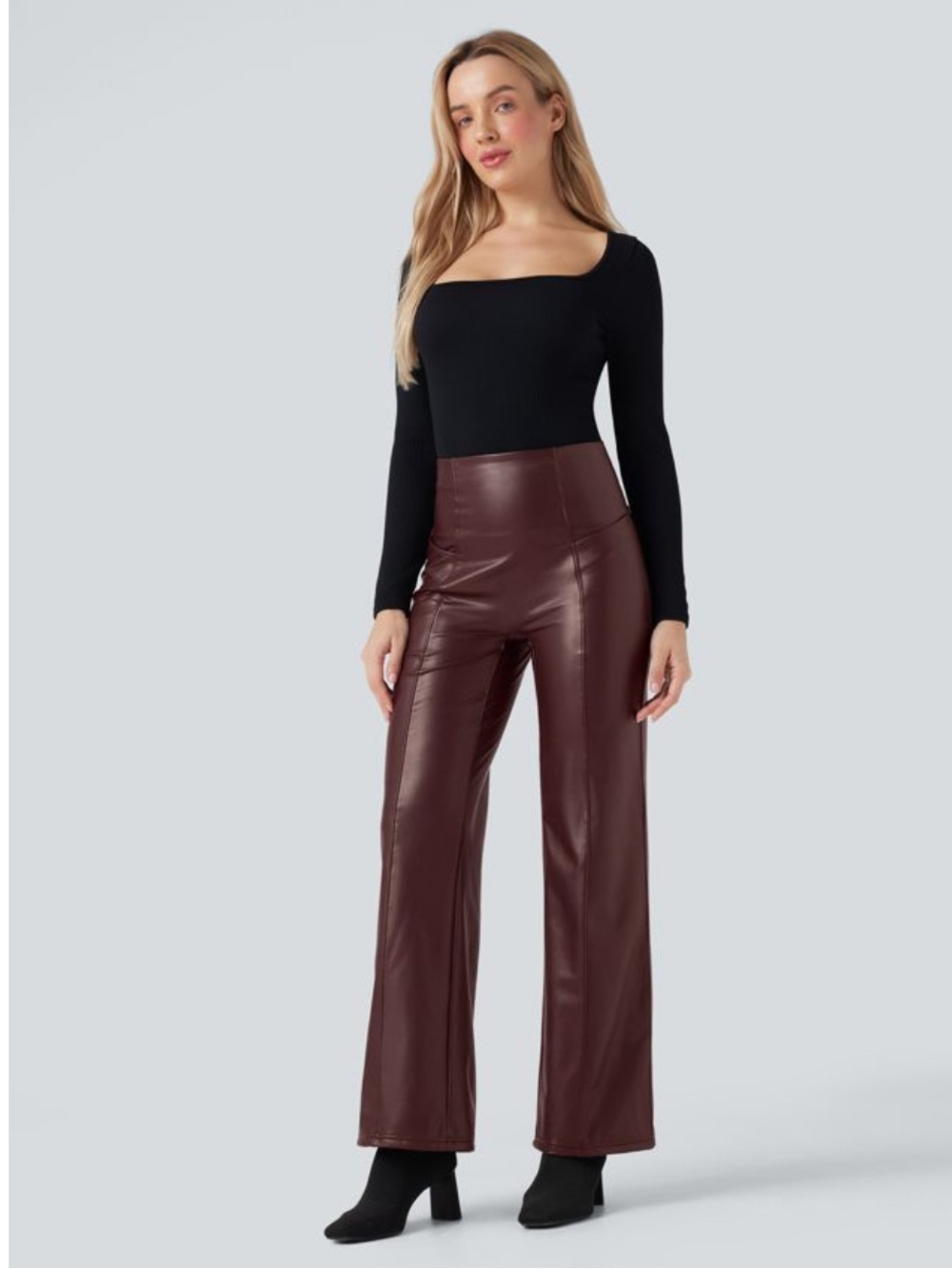 HALARA High Waisted Faux Leather Flare Pants XS Andorra Brown Tummy Control